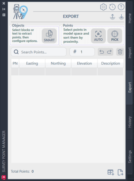 Survey Points Manager Export interface overview
