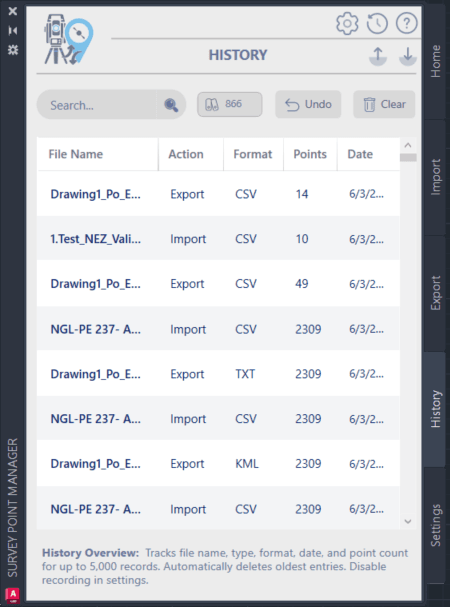 Survey Points Manager History interface showing comprehensive operation tracking with 5,000 record capacity and advanced search functionality