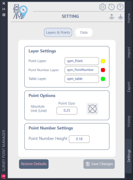 Survey Points Manager Settings interface showing comprehensive configuration control including table settings, layer management, and coordinate system preferences